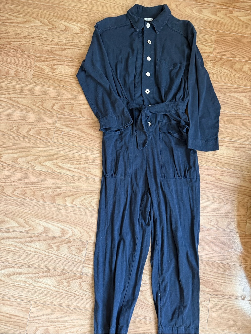 Black Button-Front Utility Jumpsuit with Self Tie
